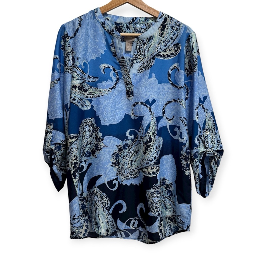 Chico’s Paisley V-Neck Roll Tab Sleeve Tunic Top 1 Medium